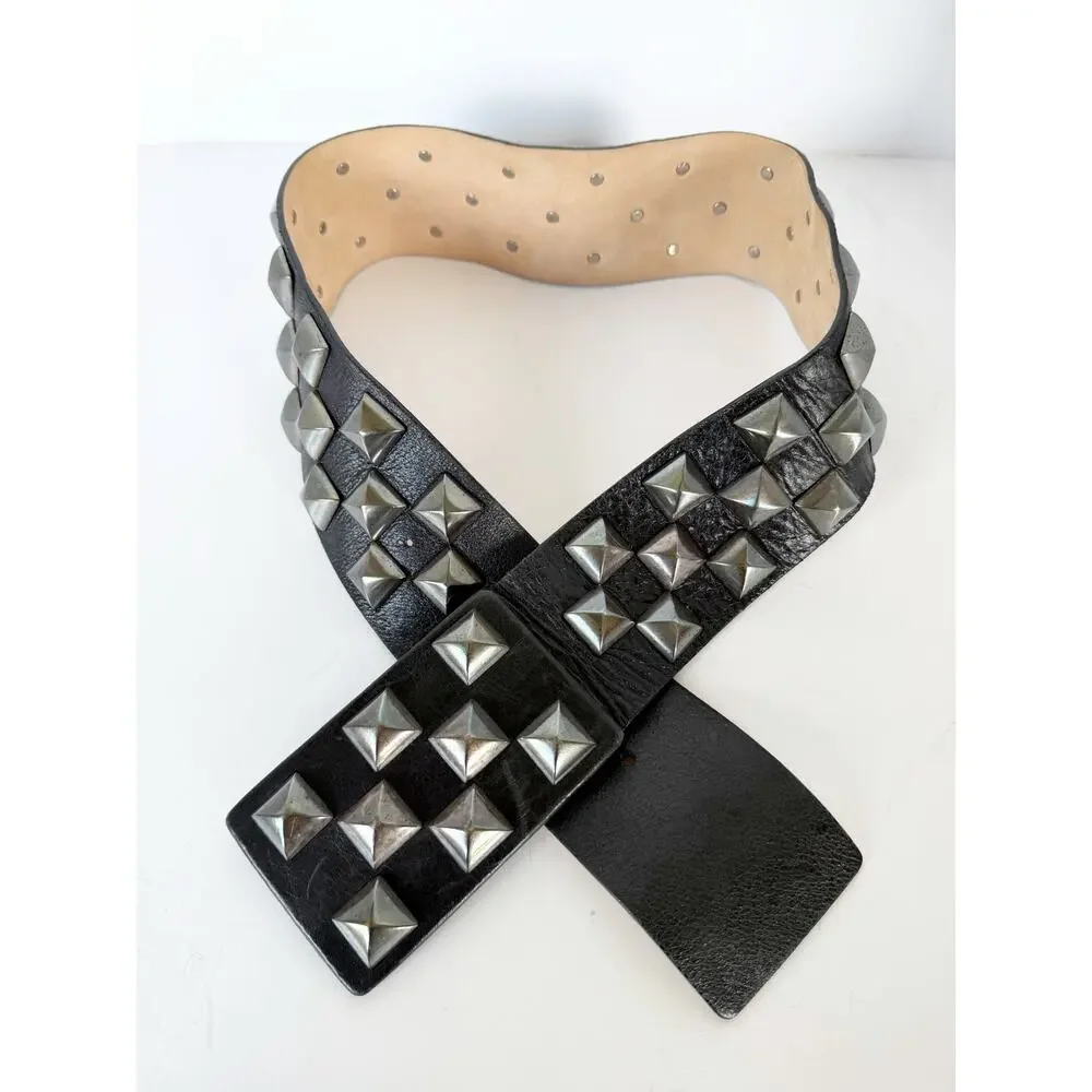 Streets Ahead Studded Pyramid Leather Roger Belt Black Silver Gray Medium